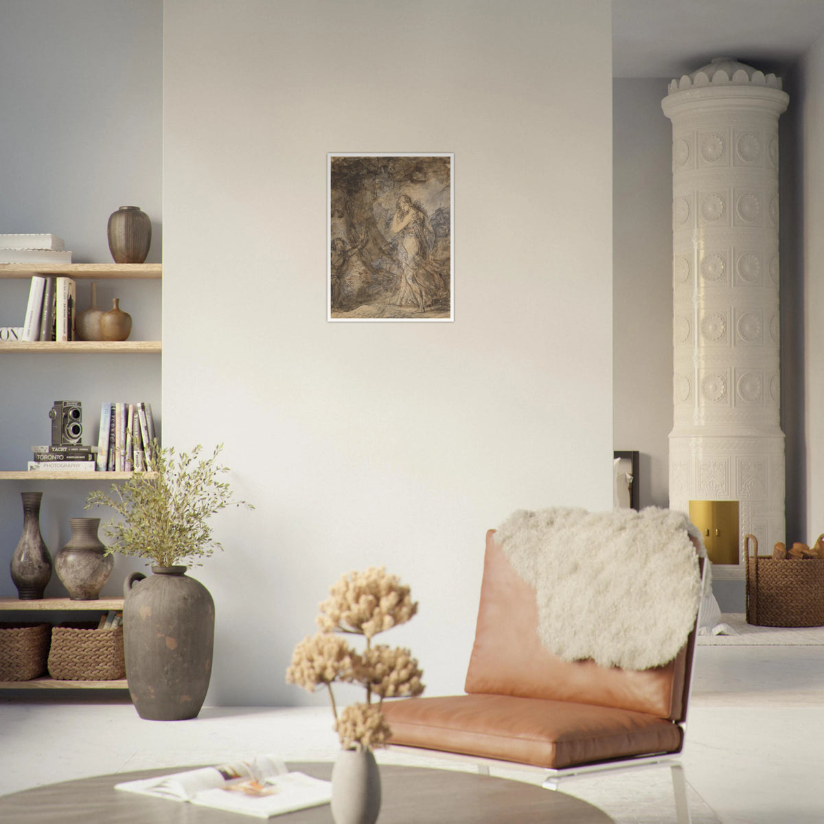Daphnis runs toward Chloe in a loosely sketched woodland scene, rendered in soft brown and gray washes.