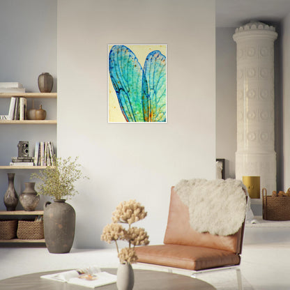Delicate translucent blue wings with intricate vein patterns, softly glowing against a pale background with watercolor speckles.