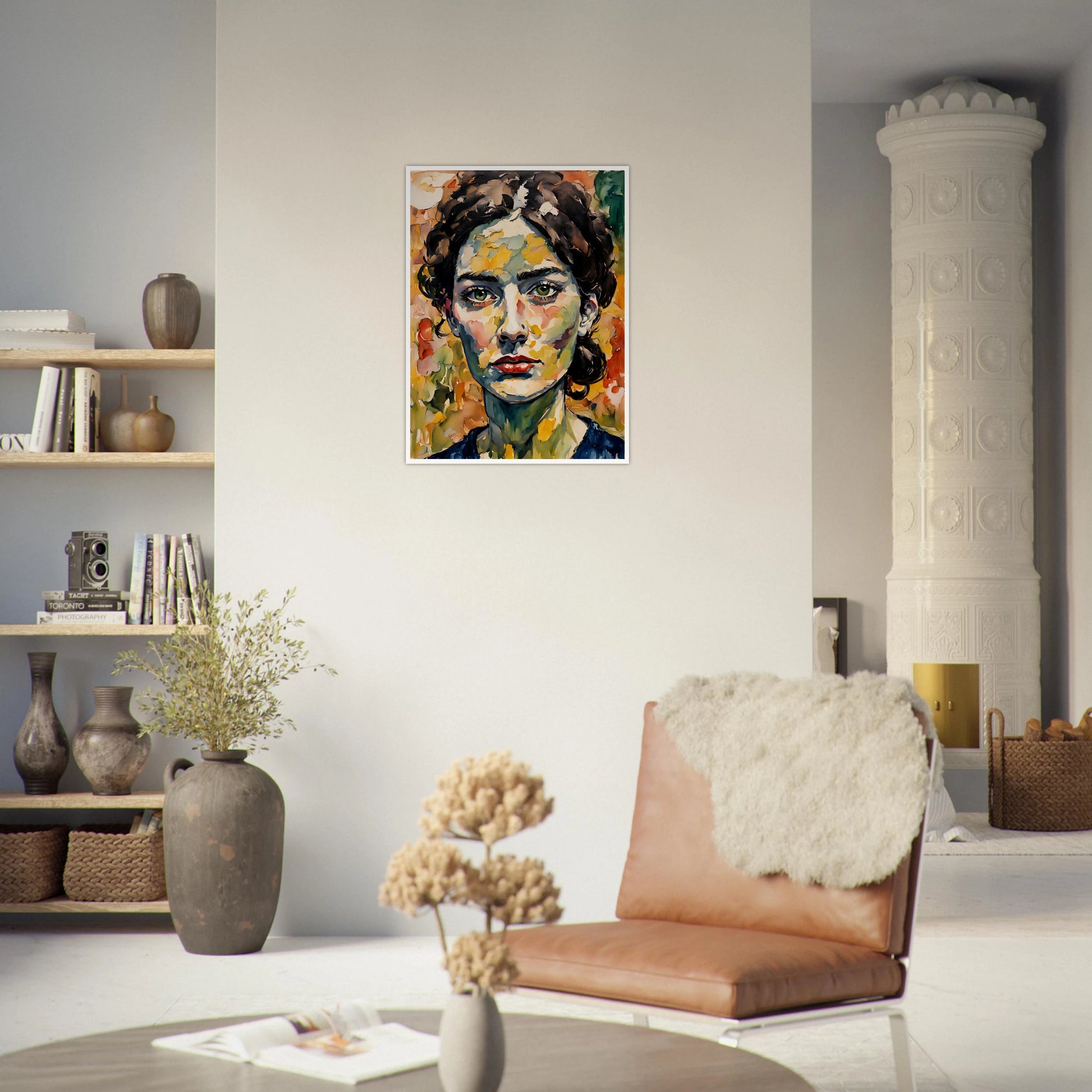 A vibrant portrait of a woman with deep green eyes, expressive red lips, and a textured face blending warm autumn hues in bold brushstrokes.