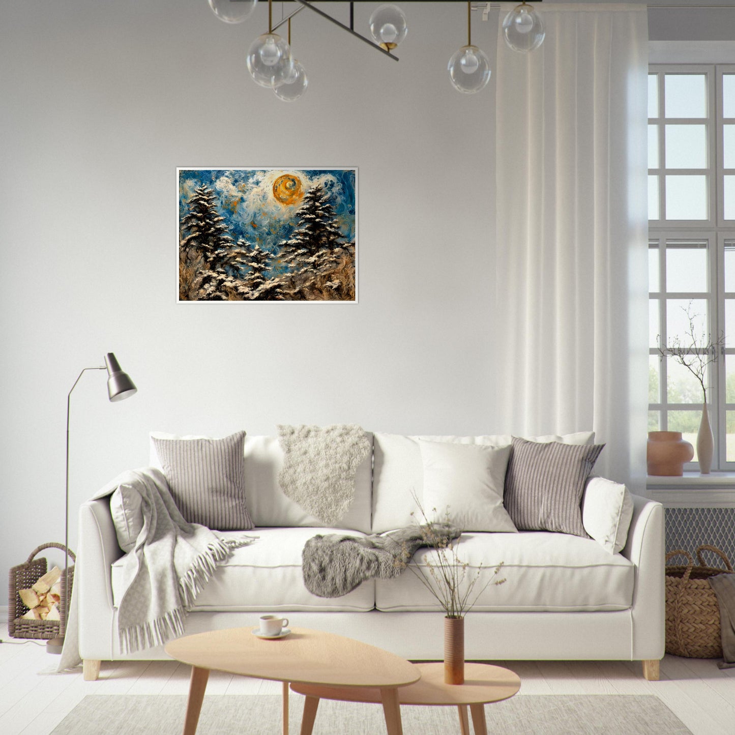 A mesmerizing winter landscape painting with swirling snow-covered trees, a glowing golden sun, and a vibrant blue sky with intricate textures.