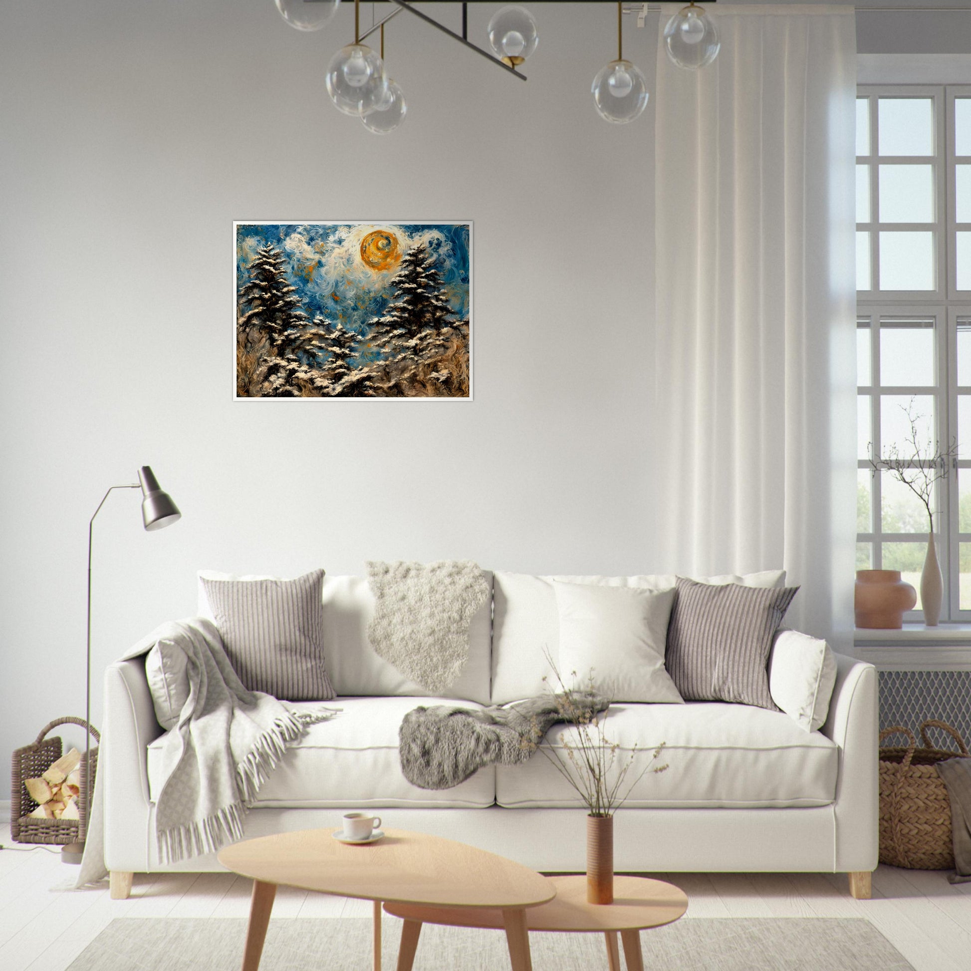 A mesmerizing winter landscape painting with swirling snow-covered trees, a glowing golden sun, and a vibrant blue sky with intricate textures.