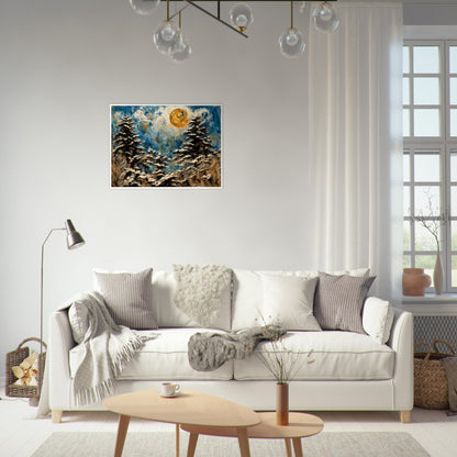 A mesmerizing winter landscape painting with swirling snow-covered trees, a glowing golden sun, and a vibrant blue sky with intricate textures.