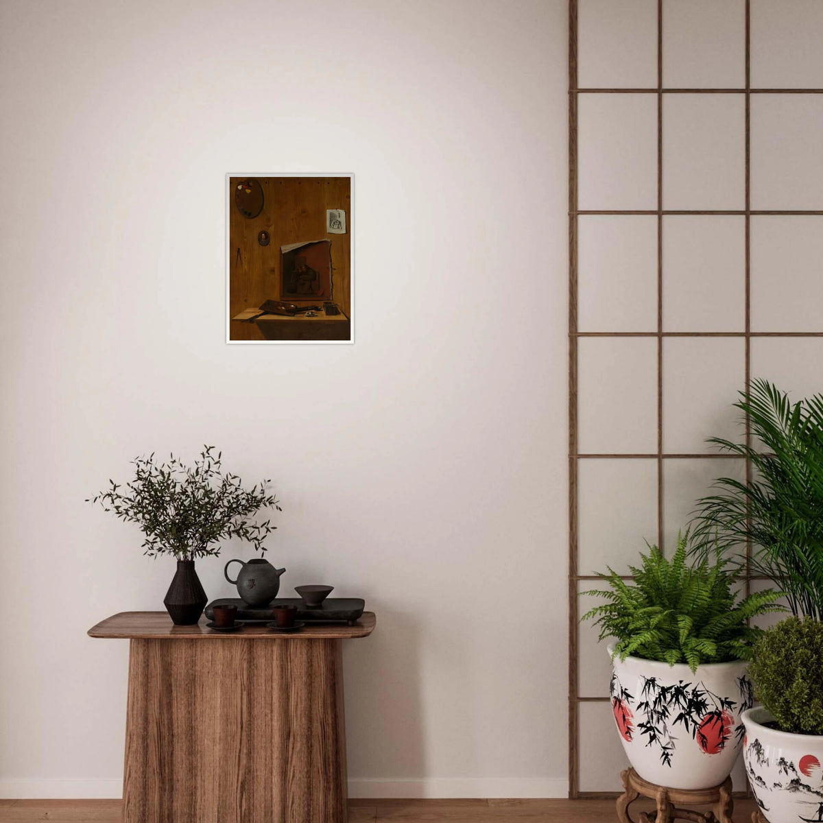 Artist palettes, brushes, prints, and a small painting hang on a wooden trompe l’oeil wall.
