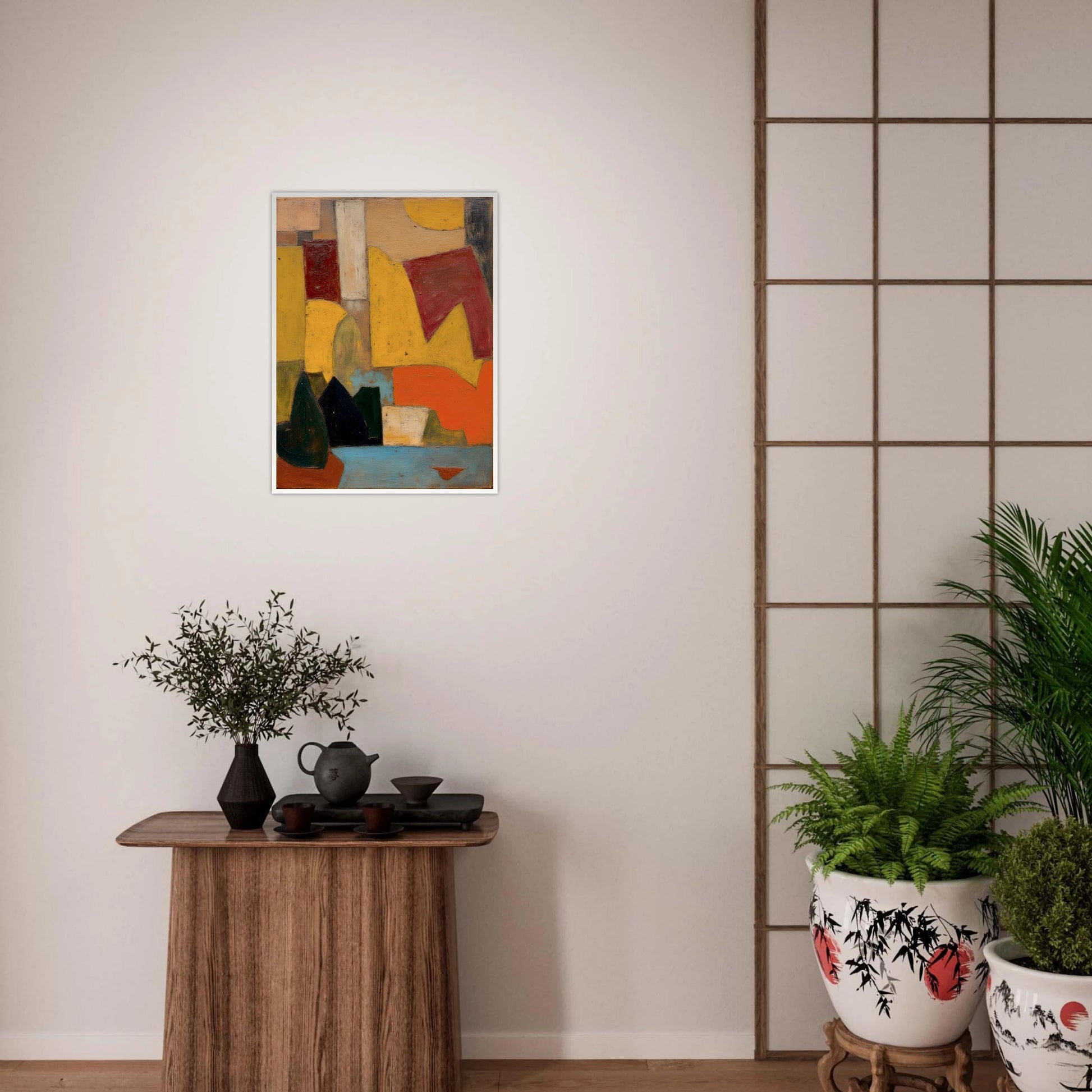 Warm yellow, red, and orange forms sit above a soft blue base with dark rounded shapes.