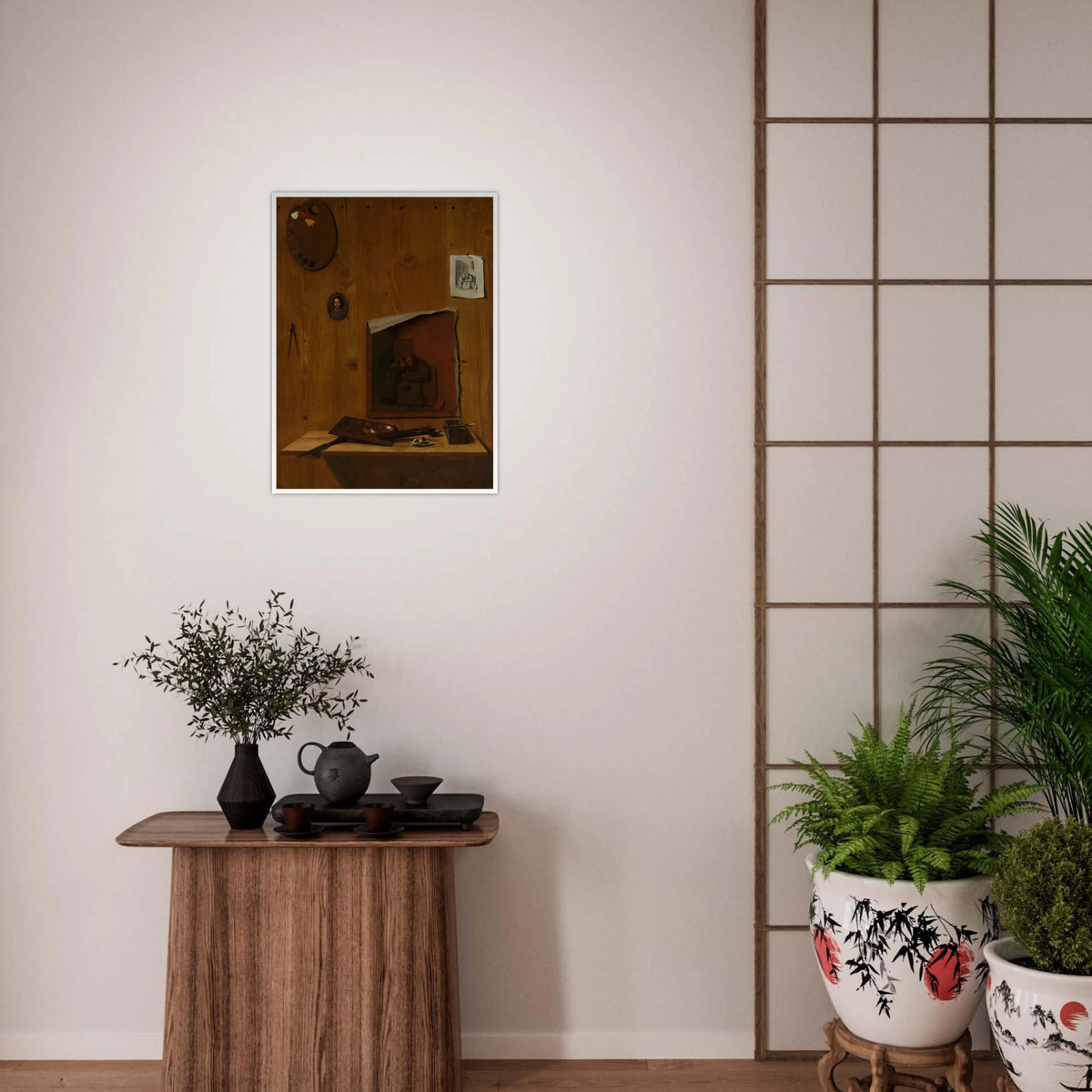 Artist palettes, brushes, prints, and a small painting hang on a wooden trompe l’oeil wall.