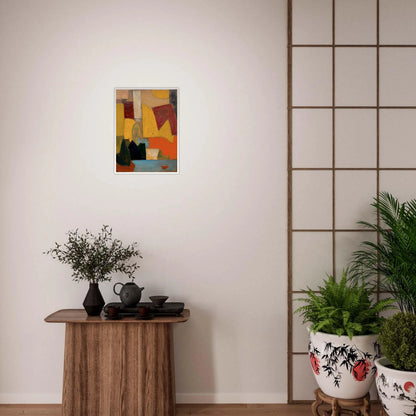 Warm yellow, red, and orange forms sit above a soft blue base with dark rounded shapes.
