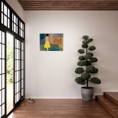 A girl in a yellow skirt faces a soft courtyard with an orange arched door and muted walls.