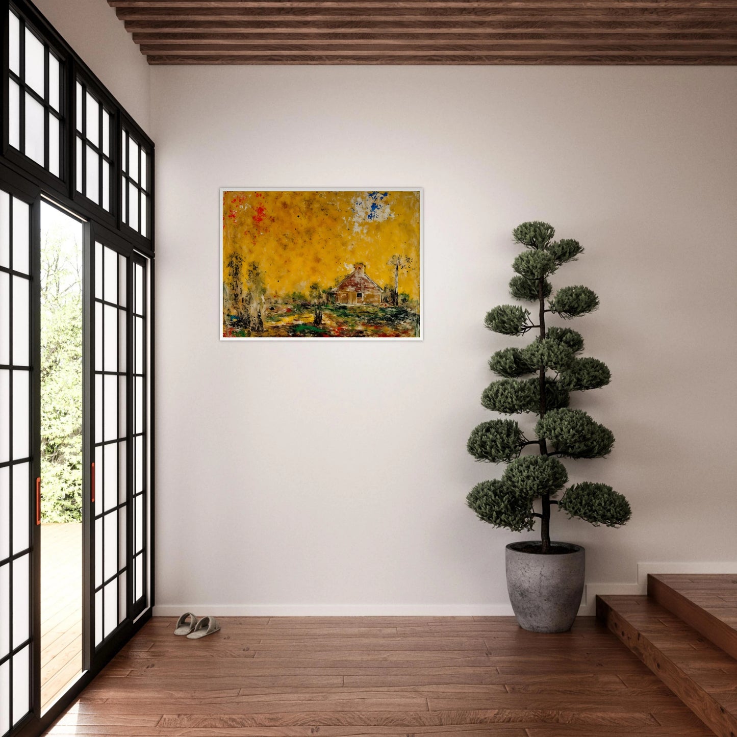 Rustic house rests beneath a golden sky with dark trees, green ground, and scattered red and blue marks.