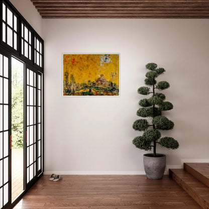 Rustic house rests beneath a golden sky with dark trees, green ground, and scattered red and blue marks.