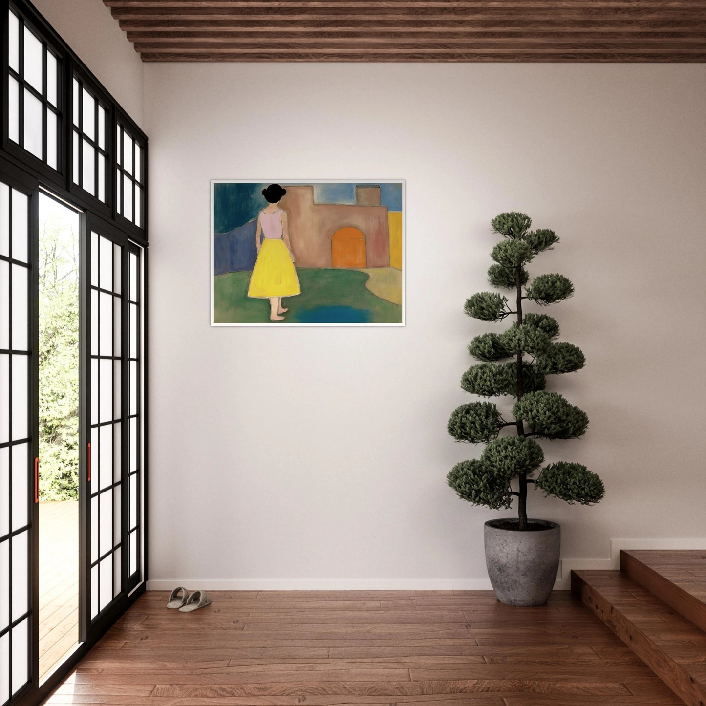 A girl in a yellow skirt faces a soft courtyard with an orange arched door and muted walls.