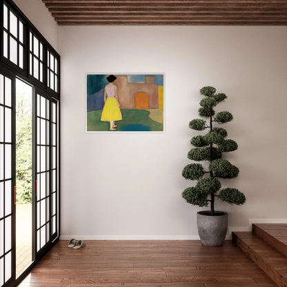 A girl in a yellow skirt faces a soft courtyard with an orange arched door and muted walls.