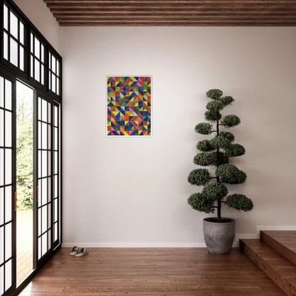 A vibrant grid of multicolored triangles forms an intricate mosaic of shifting patterns, blending symmetry, movement, and playful precision.