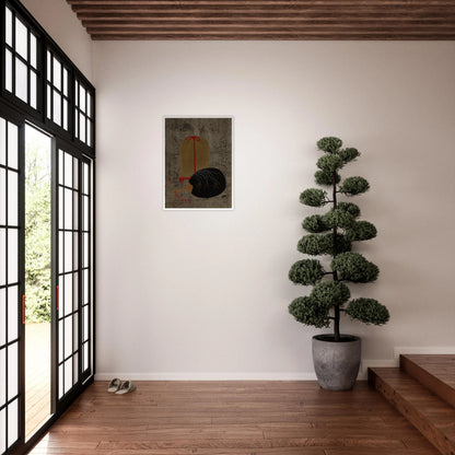 Japanese still life with a black fan and hanging insect cage on a textured gray ground