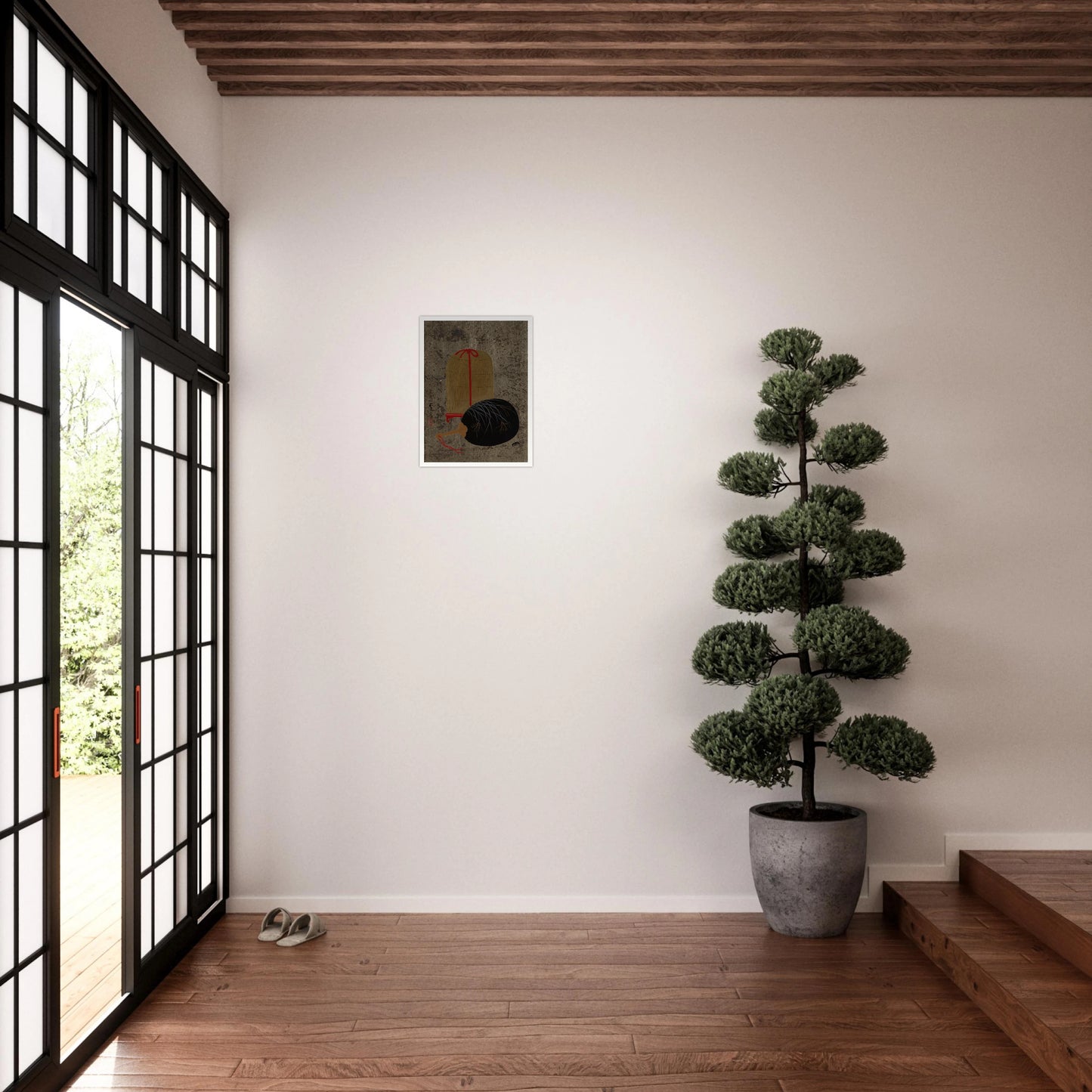 Japanese still life with a black fan and hanging insect cage on a textured gray ground