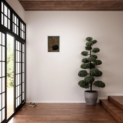 Japanese still life with a black fan and hanging insect cage on a textured gray ground