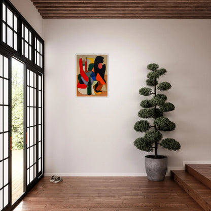 Bold bottles and curved red, black, blue, and orange forms gather in a modern still life.