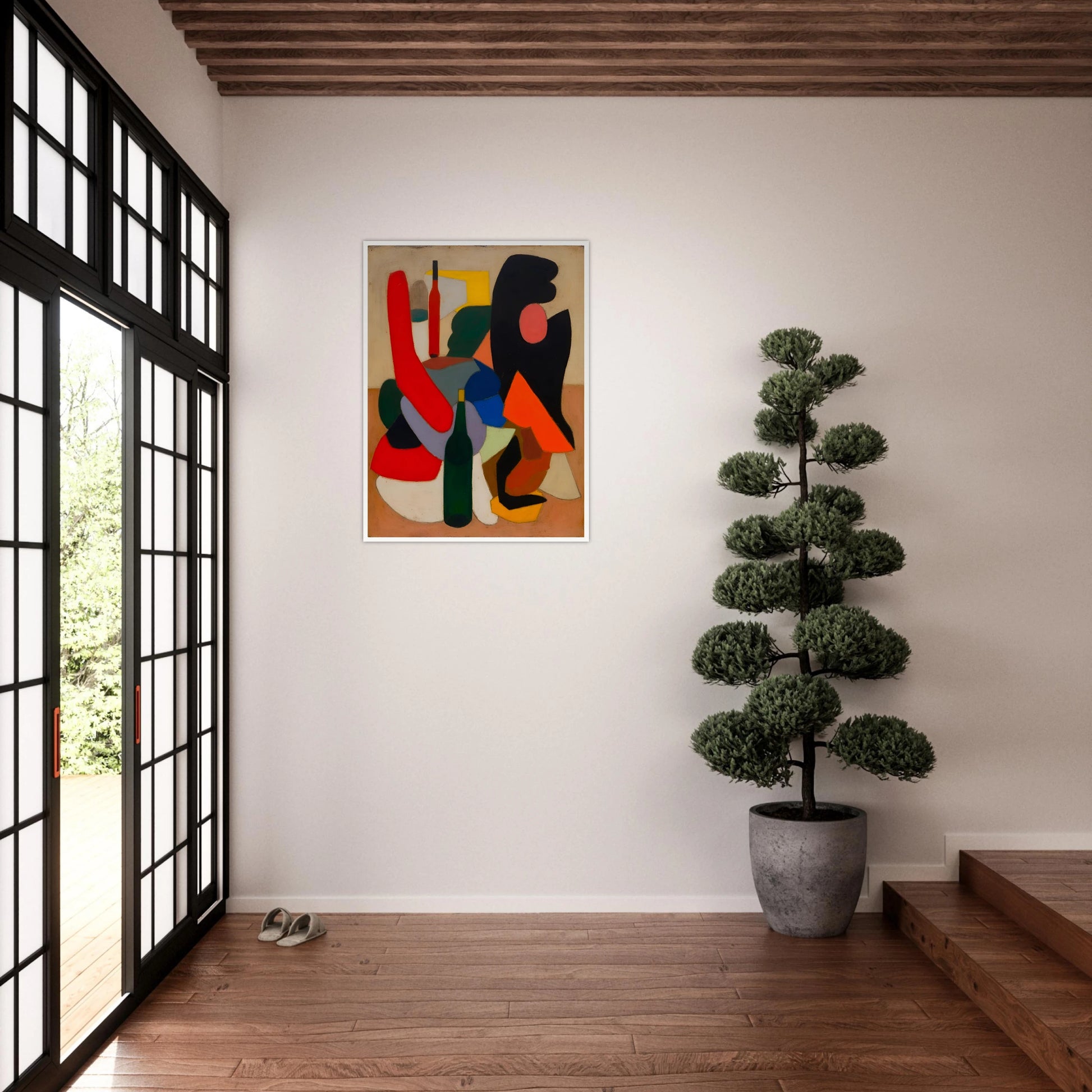Bold bottles and curved red, black, blue, and orange forms gather in a modern still life.