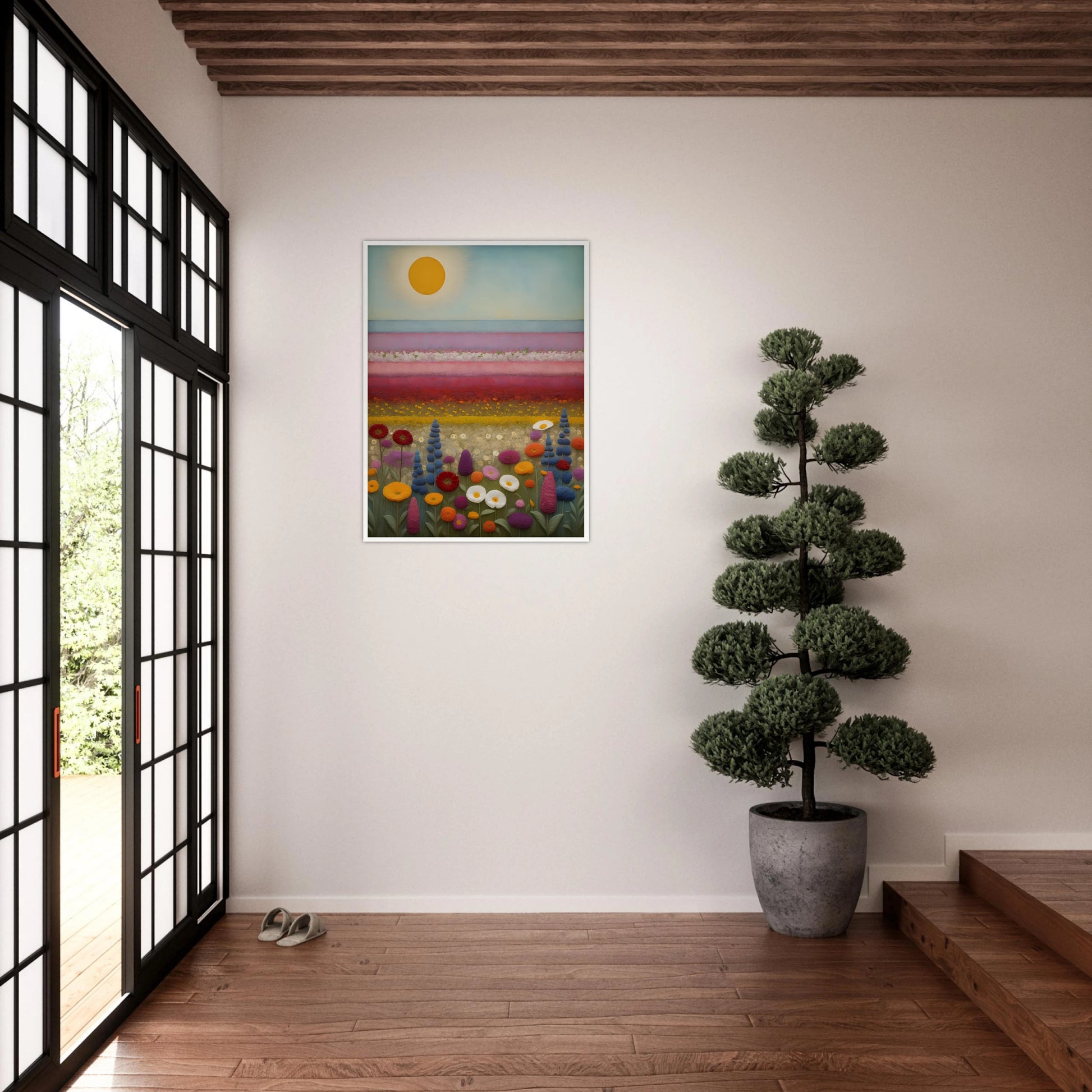 A vibrant field of multicolored flowers stretches under a golden sun, with pastel pink and purple layers blending into the horizon.