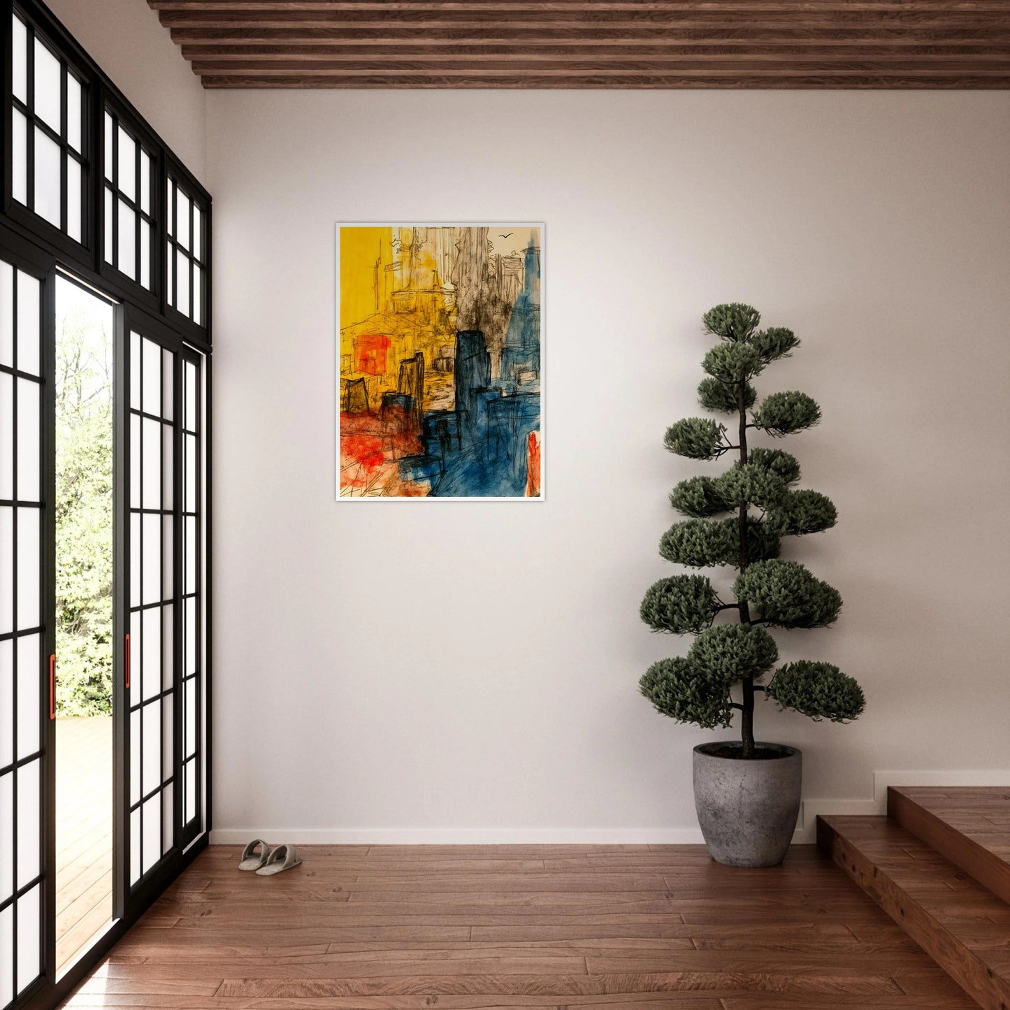 Expressive cityscape with golden facades, blue towers, and loose ink lines creating a vibrant urban atmosphere.