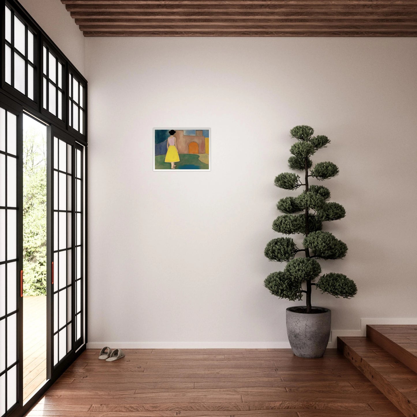 A girl in a yellow skirt faces a soft courtyard with an orange arched door and muted walls.