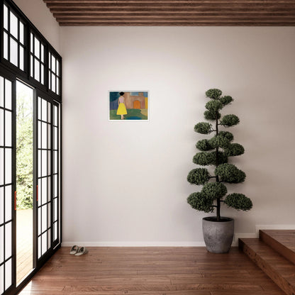 A girl in a yellow skirt faces a soft courtyard with an orange arched door and muted walls.