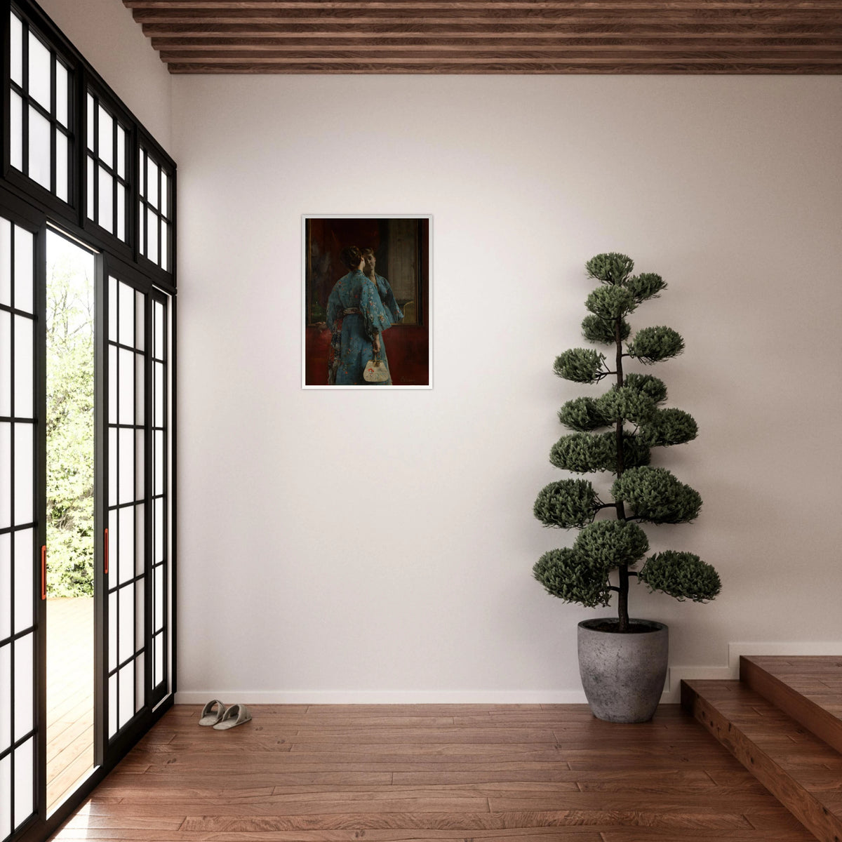 Woman in a blue floral kimono faces a mirror, holding a fan against a dark red interior.