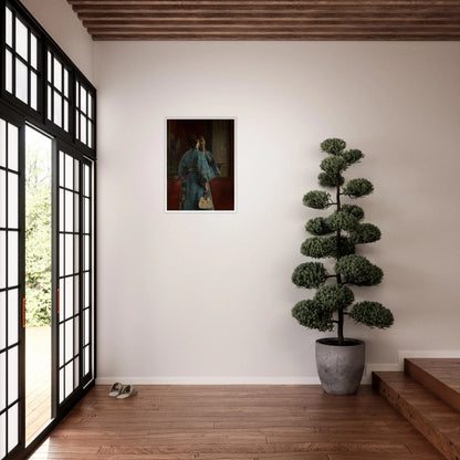 Woman in a blue floral kimono faces a mirror, holding a fan against a dark red interior.