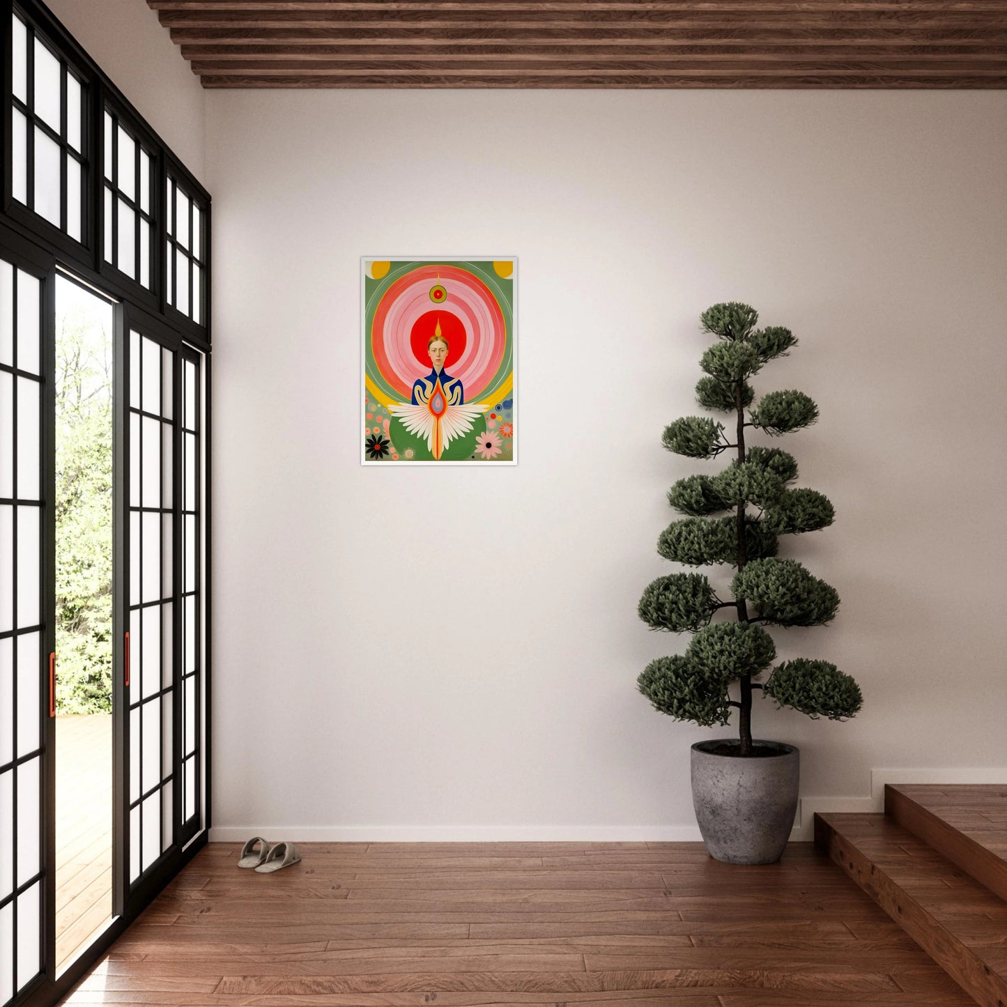 Stylized portrait of a serene woman with flaming crown, geometric wings, and concentric radiating circles in vibrant warm hues.