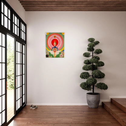 Stylized portrait of a serene woman with flaming crown, geometric wings, and concentric radiating circles in vibrant warm hues.