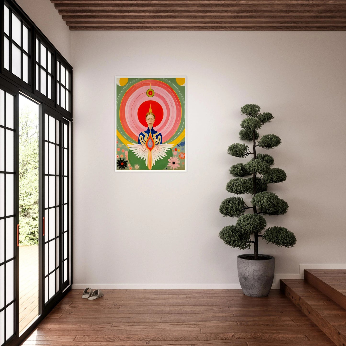 Stylized portrait of a serene woman with flaming crown, geometric wings, and concentric radiating circles in vibrant warm hues.