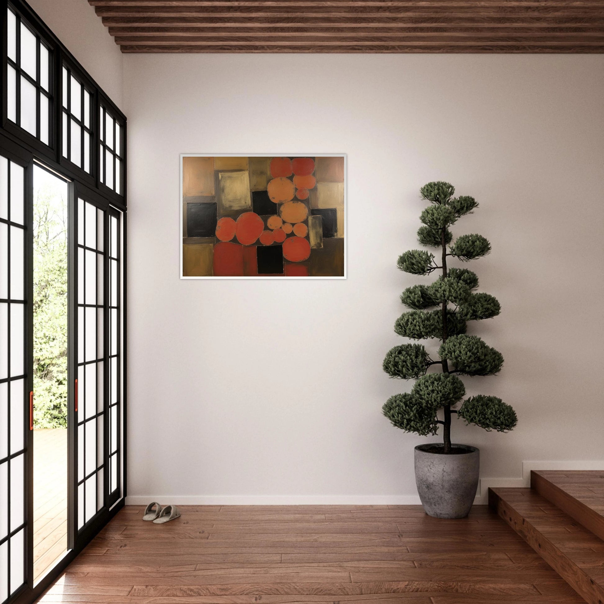 Warm orange and brown circles overlap dark squares in a geometric field, creating a rhythmic balance of earth tones and light.