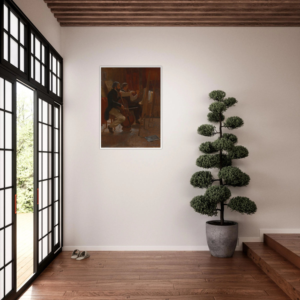Two musicians play cello and violin in a warm artist studio, using easels as music stands.