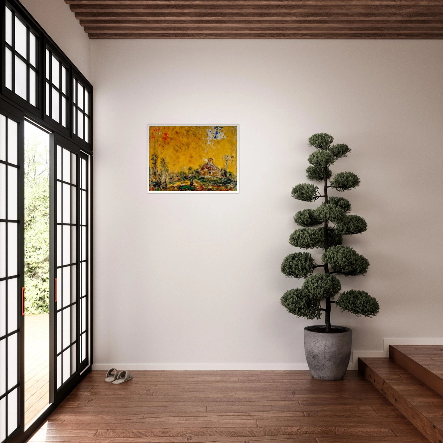 Rustic house rests beneath a golden sky with dark trees, green ground, and scattered red and blue marks.