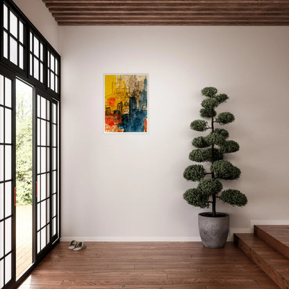 Expressive cityscape with golden facades, blue towers, and loose ink lines creating a vibrant urban atmosphere.
