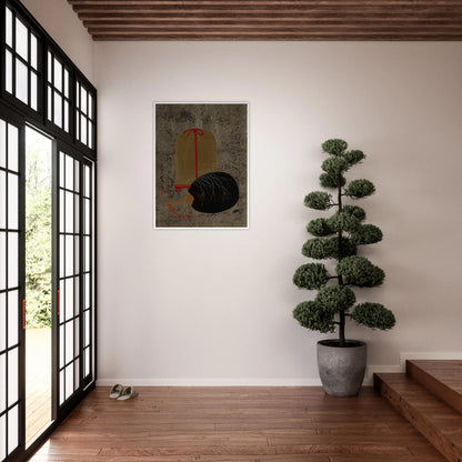 Japanese still life with a black fan and hanging insect cage on a textured gray ground