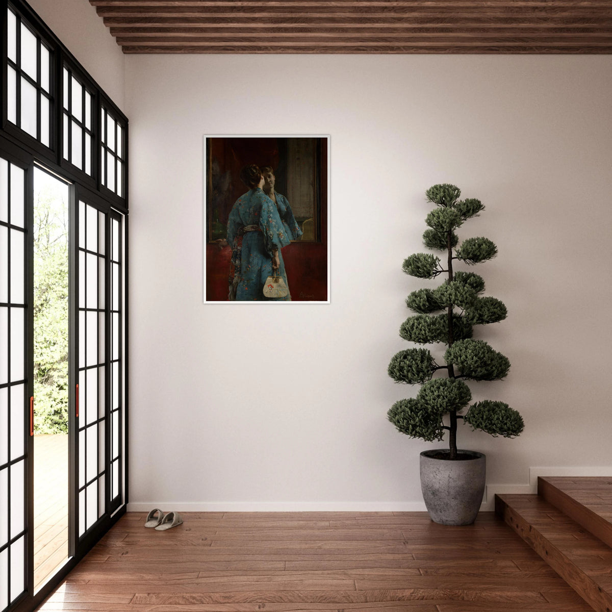 Woman in a blue floral kimono faces a mirror, holding a fan against a dark red interior.