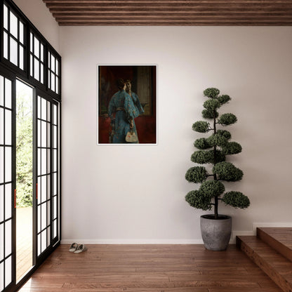 Woman in a blue floral kimono faces a mirror, holding a fan against a dark red interior.
