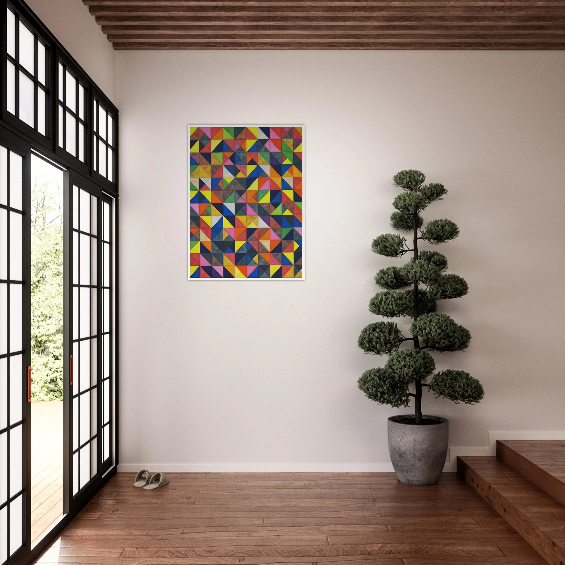 A vibrant grid of multicolored triangles forms an intricate mosaic of shifting patterns, blending symmetry, movement, and playful precision.