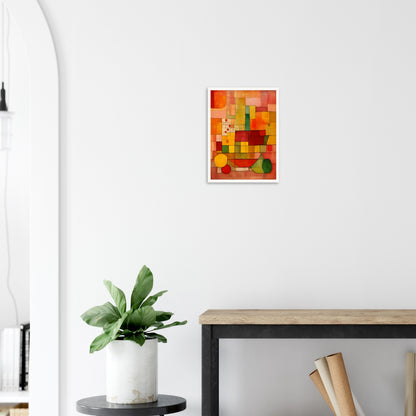 A warm-toned geometric composition with a grid of red, orange, yellow, and green shapes, creating a dynamic mosaic of color and texture.