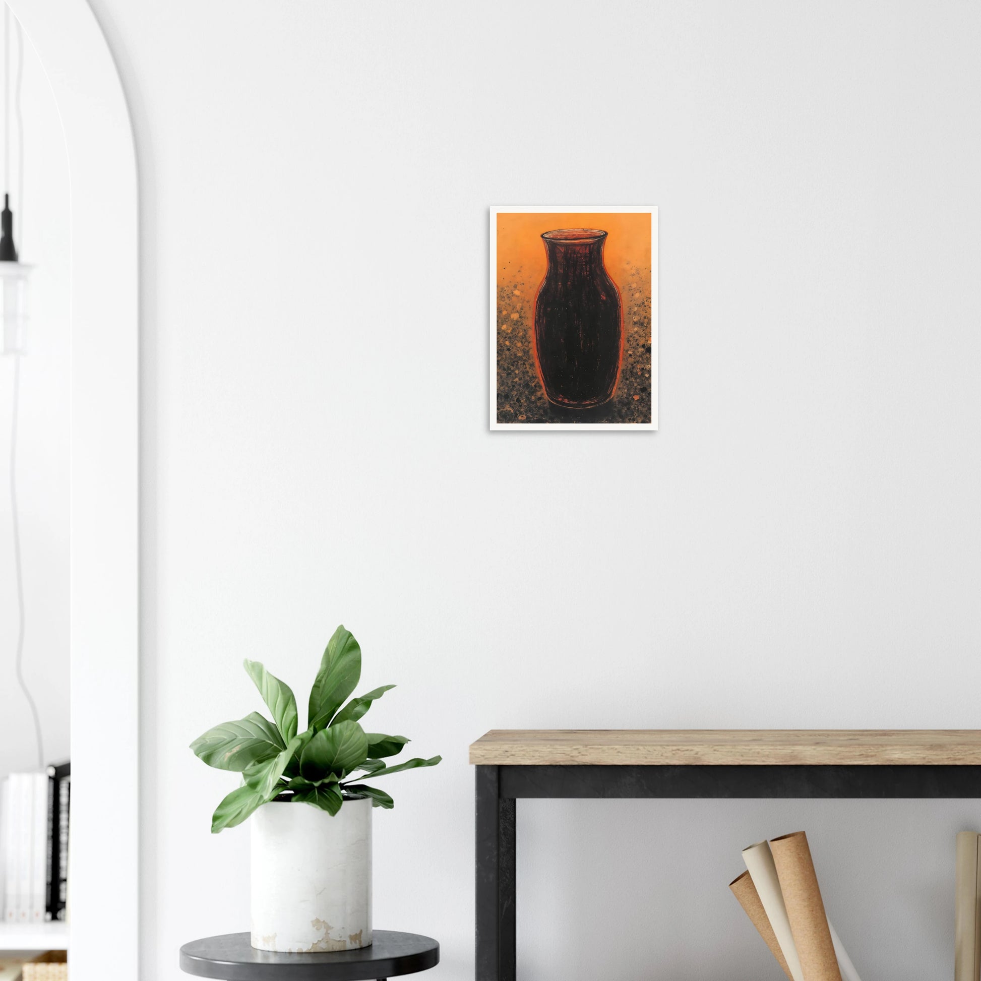 Dark sculptural vase rises against a glowing amber field with textured speckled earth tones, evoking warmth and ancient elegance.