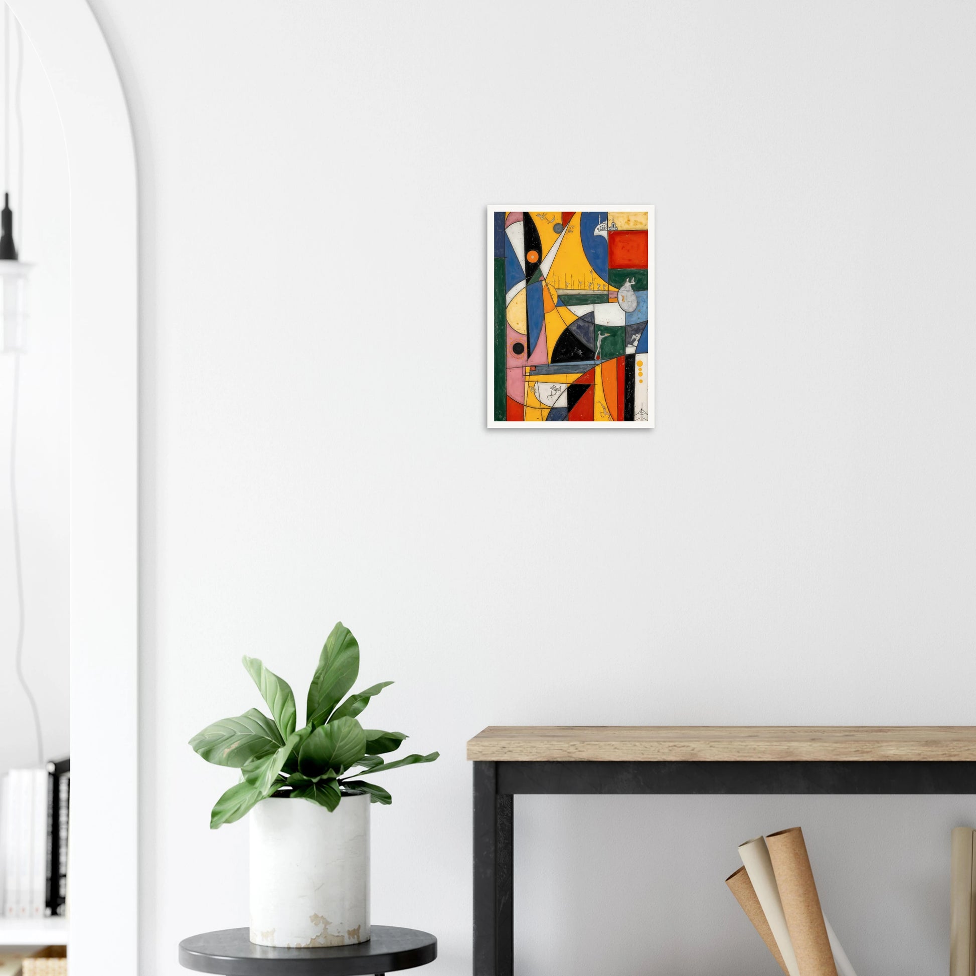 A vibrant cubist-style composition of bold yellow, blue, red, and green forms with playful symbols, layered shapes, and whimsical details.