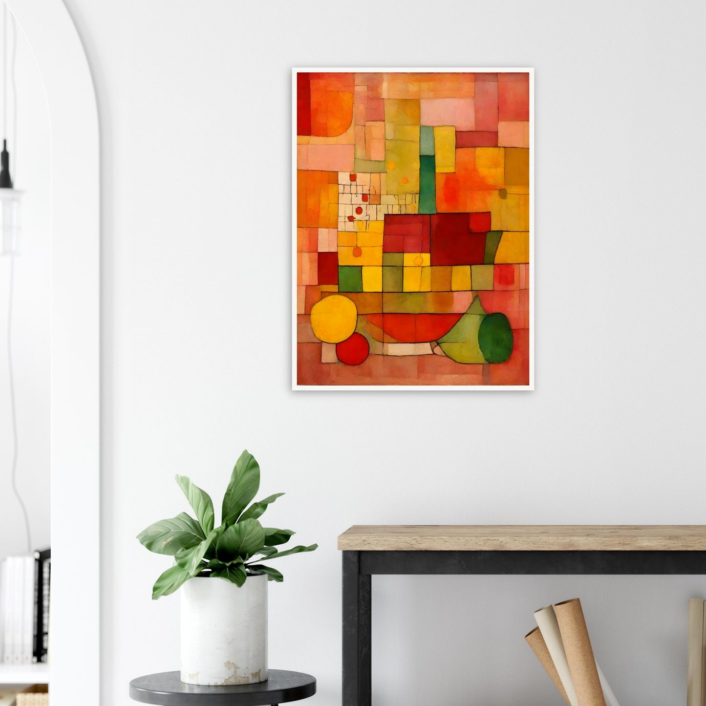 A warm-toned geometric composition with a grid of red, orange, yellow, and green shapes, creating a dynamic mosaic of color and texture.