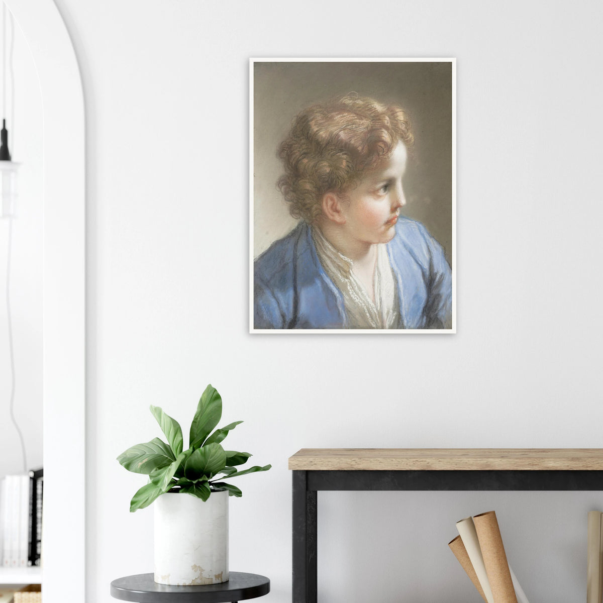 A young boy in a blue jacket looks to the side, softly rendered in pastel with warm curls and gentle light.