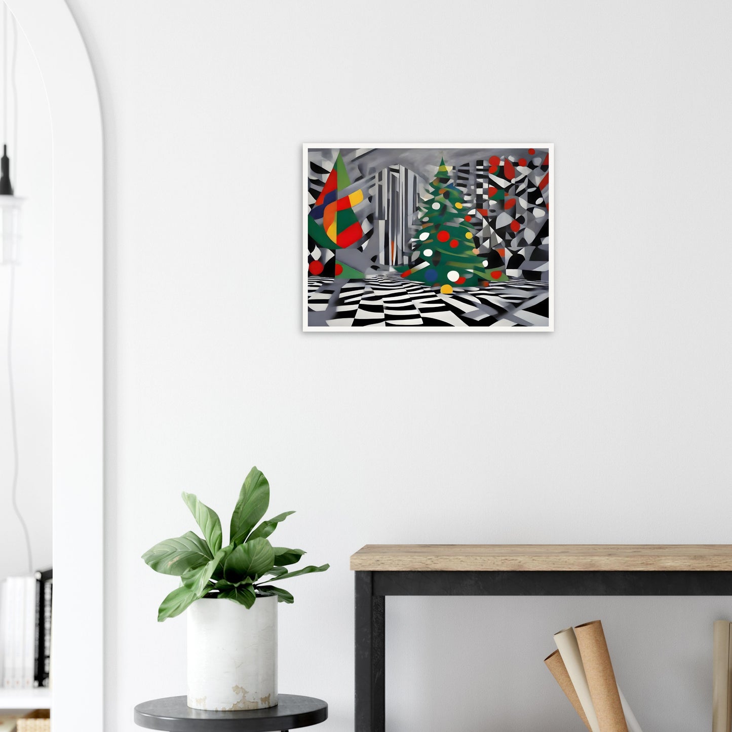 An abstract holiday scene featuring geometric Christmas trees with vibrant ornaments, set against a monochromatic patterned background.