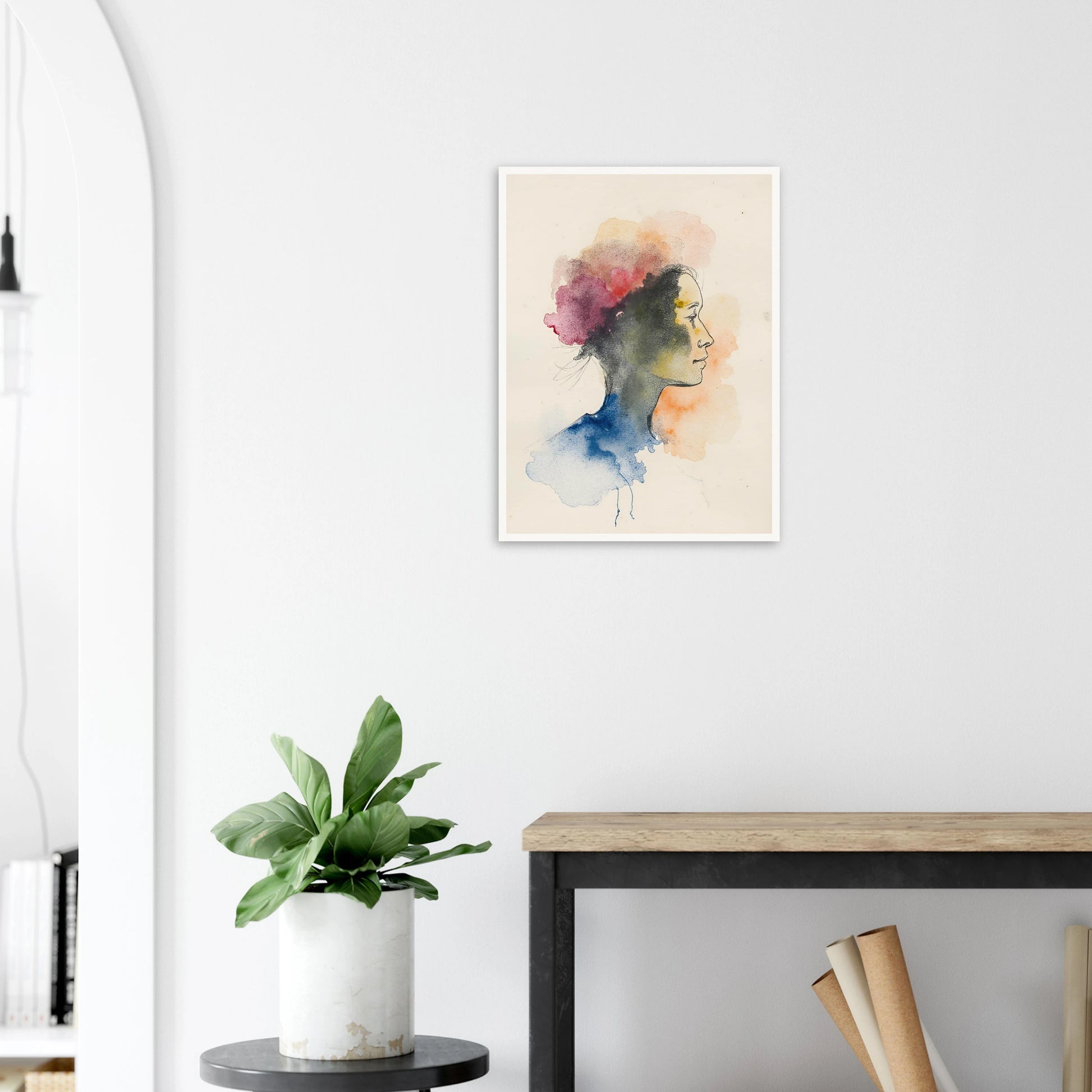 Side profile of a woman formed by delicate watercolor clouds in blue, pink, and orange, merging softly on cream paper.