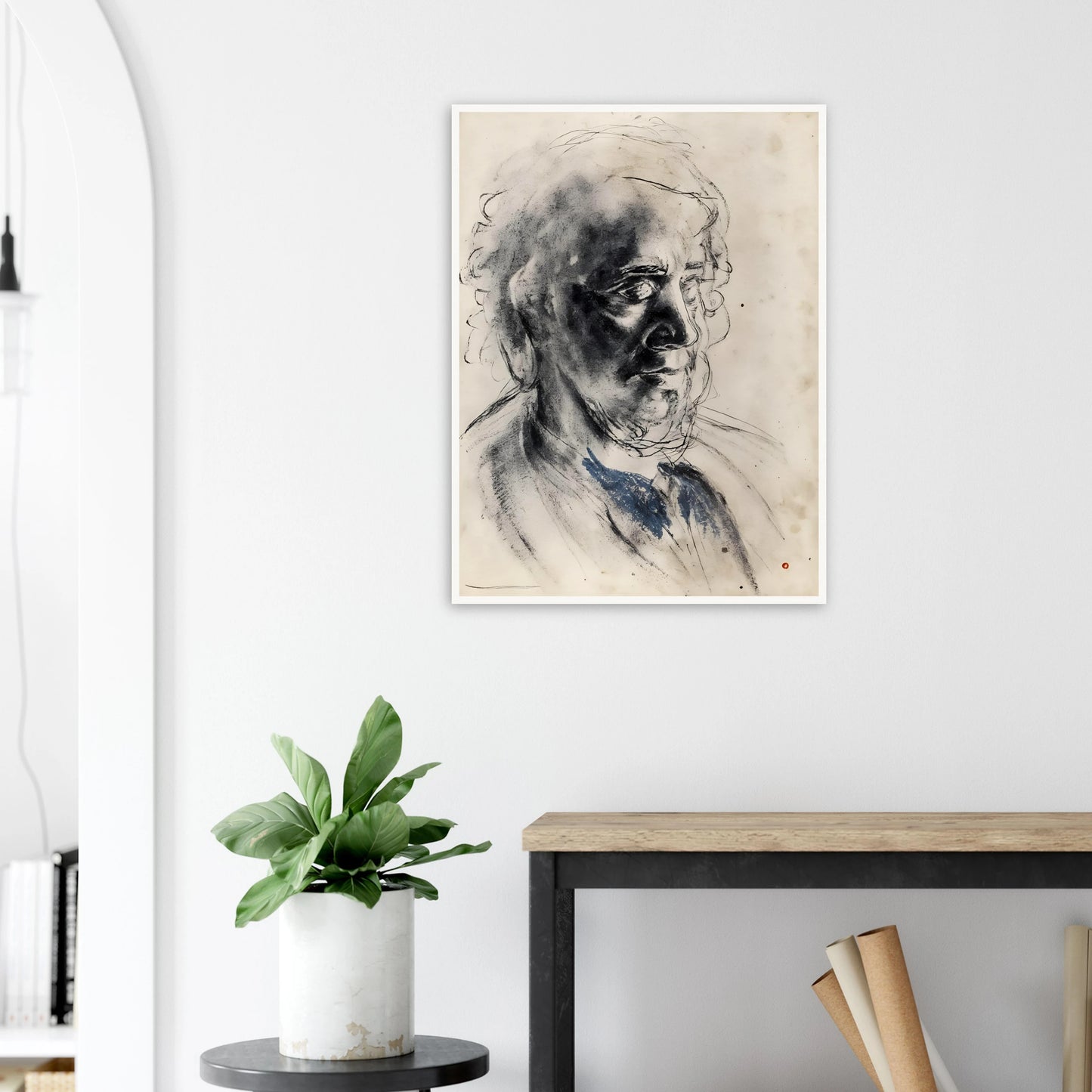 Charcoal portrait of an elderly man with deep shadows, loose lines, and a muted blue collar.