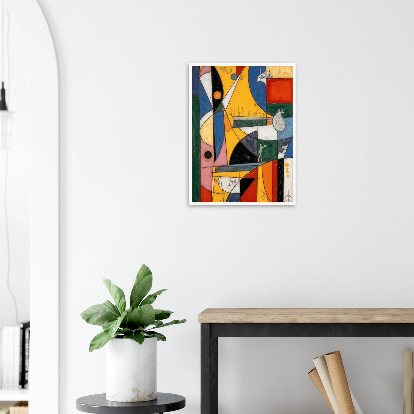 A vibrant cubist-style composition of bold yellow, blue, red, and green forms with playful symbols, layered shapes, and whimsical details.