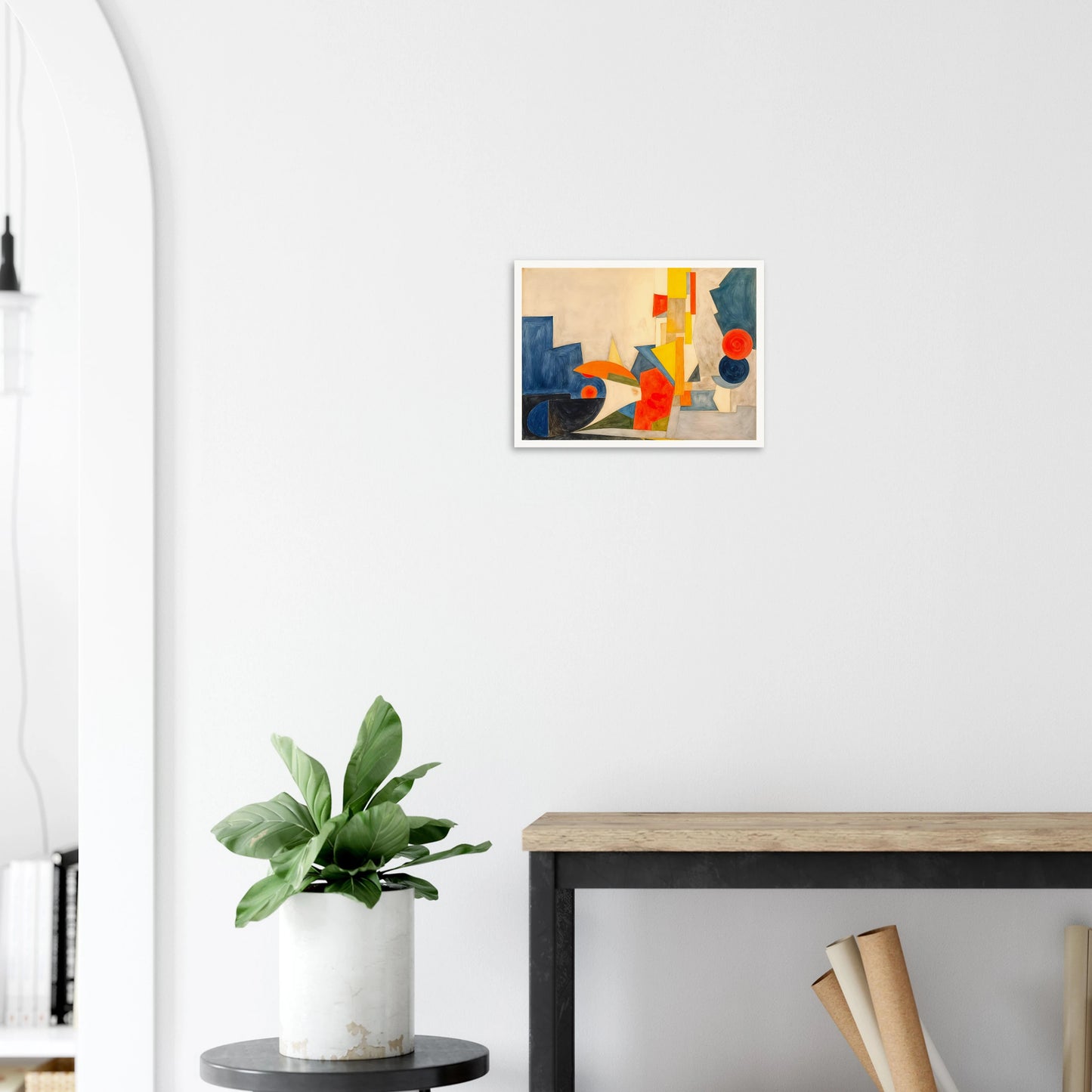 Dynamic geometric forms in blue, orange, and yellow intersect across a cream canvas, suggesting rhythm, motion, and light.