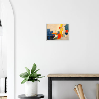 Dynamic geometric forms in blue, orange, and yellow intersect across a cream canvas, suggesting rhythm, motion, and light.