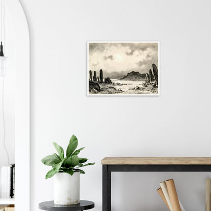 Monochrome dreamscape of towering stone formations beside a tranquil shore beneath a glowing celestial sky, evoking mystery and timeless solitude.
